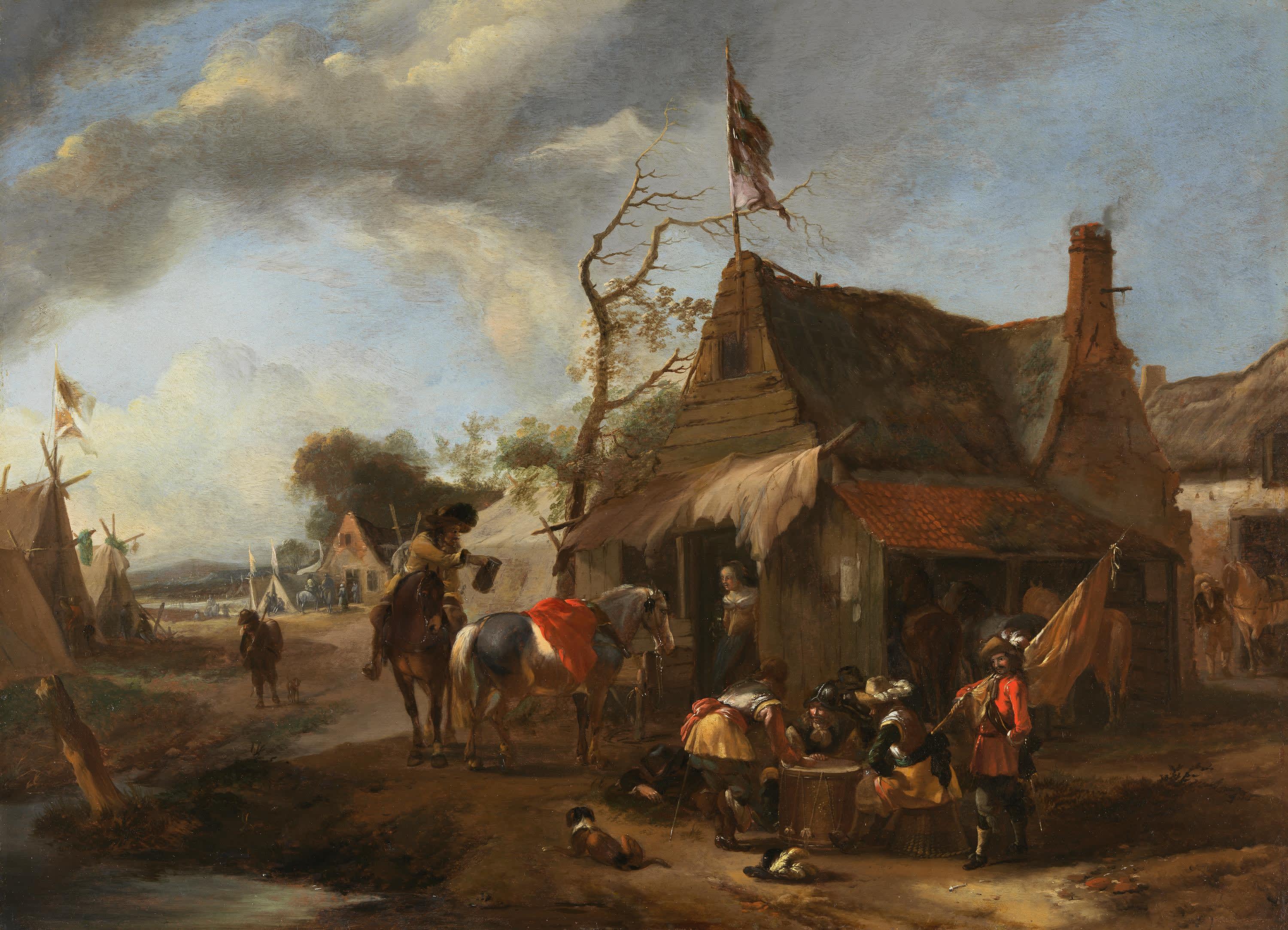 Würfelnde Soldaten vor einer Schenke