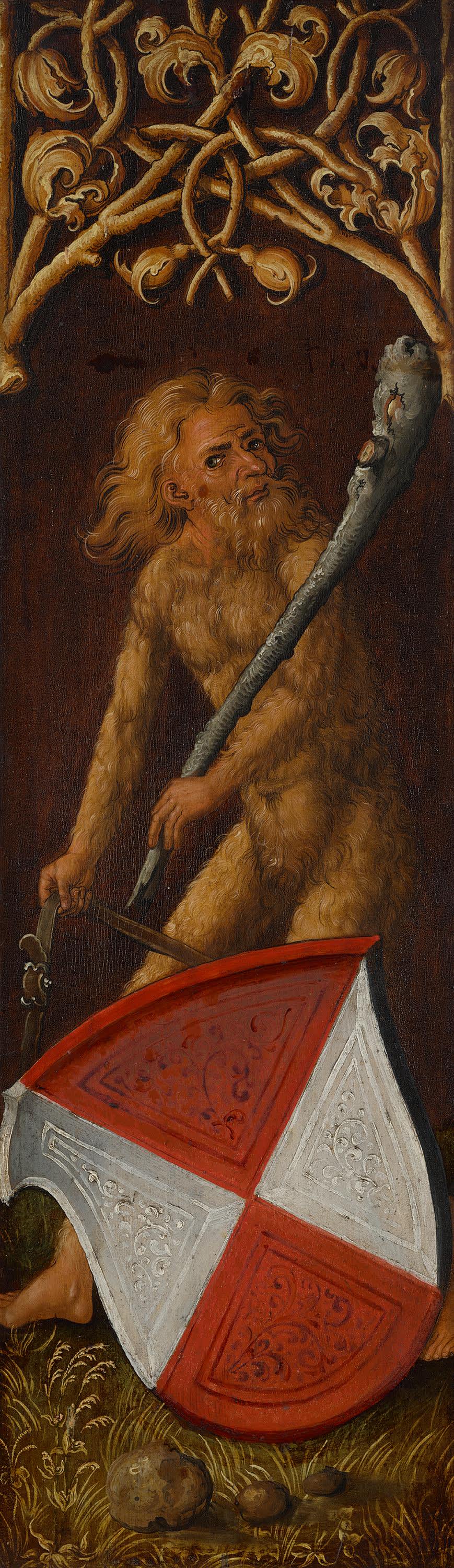 Bildnistriptychon des Oswolt Krel, rechter Flügel: "Wilder Mann" mit dem Wappen der Agathe von Esendorf