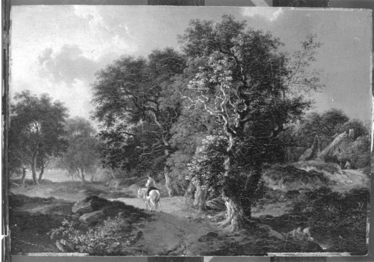 Landschaft mit Reiter auf einem Weg mit Eichen