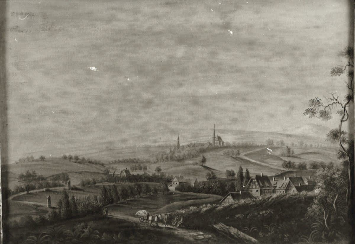 Landschaft mit Pferdefuhrwerk