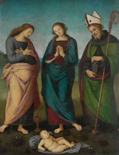 Maria, Johannes Ev. und der hl. Nikolaus (Augustinus?) beten das Christkind an