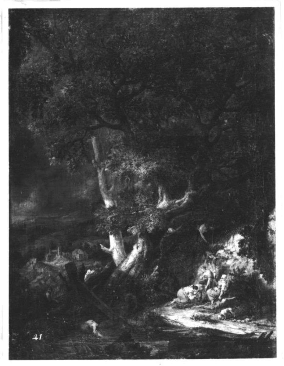 Waldlandschaft mit Personenstaffage und Architektur