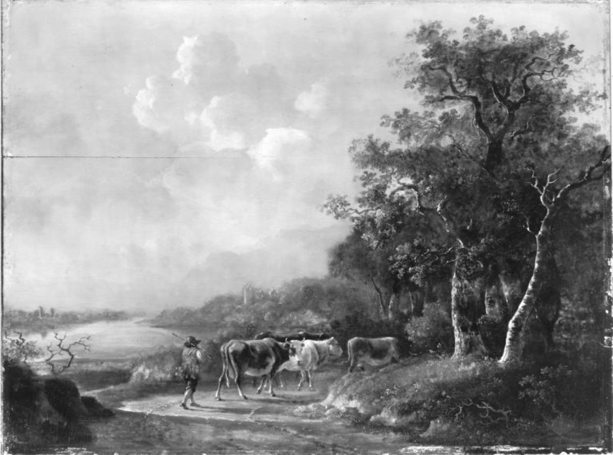 Kuhherde mit Hirt in einer Landschaft