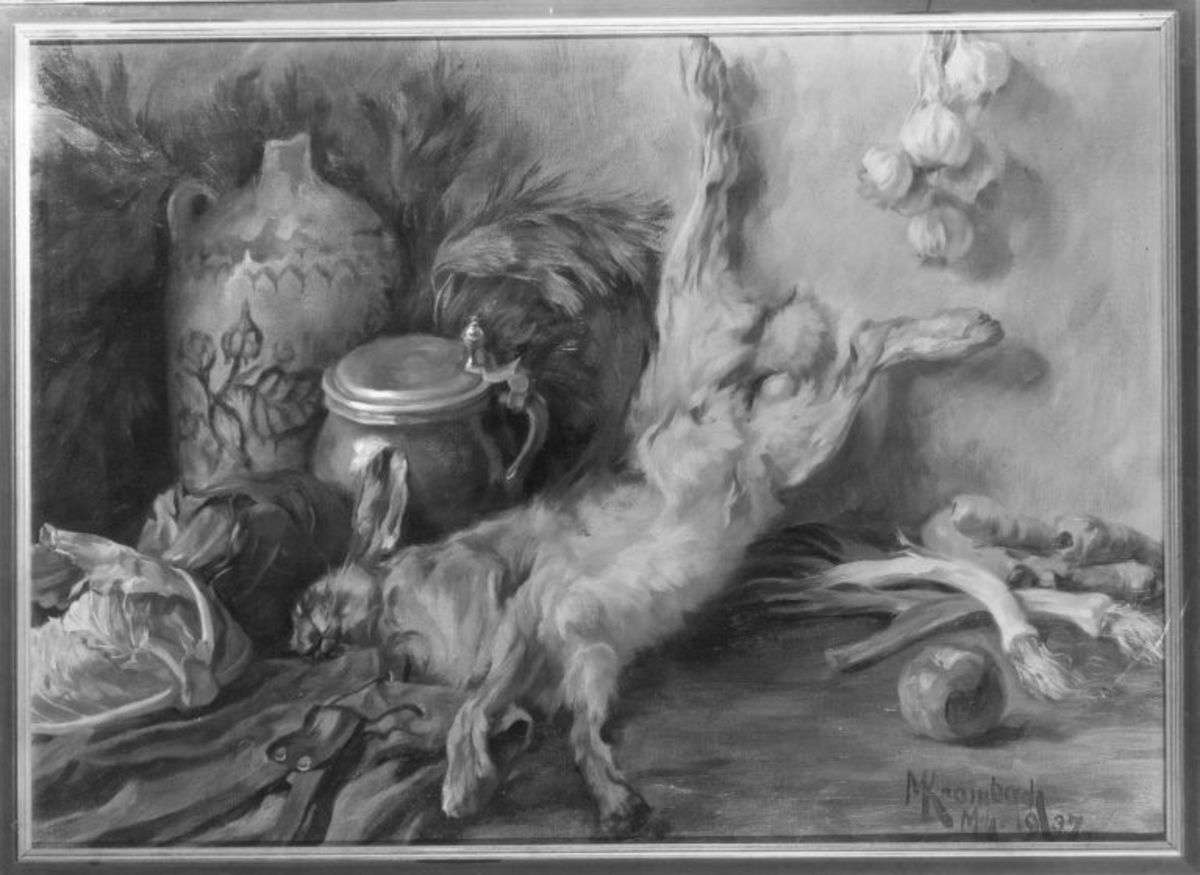 Stilleben mit Hase, Gemüse, 2 Krügen