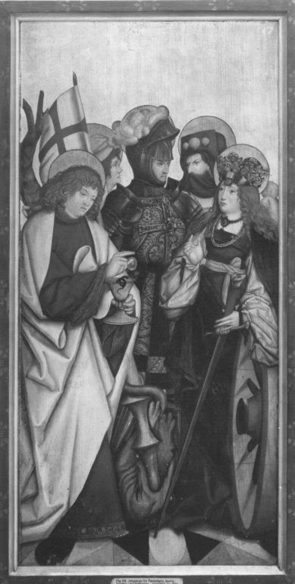 Altarflügel aus Seifriedsberg: Hll. Johannes Ev., Afra(?), Georg, Jakobus d. Ä., Katharina
Rückseite: Hll. Andreas, Ursula, Hl. Papst, Thomas, Apollonia