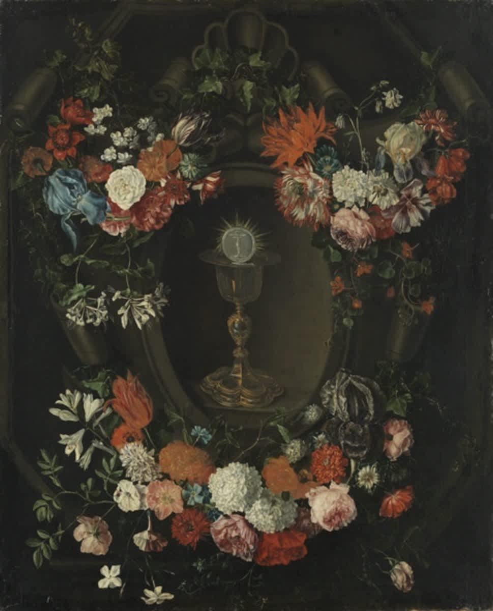 Blumenstück mit Abendmahlskelch und Hostie