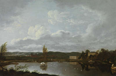 Blick über den Oberen Schönbuschsee nach Osten auf Aschaffenburg, Wirtschaftsgebäude und Schloss Schönbusch (Aschaffenburger Zyklus)