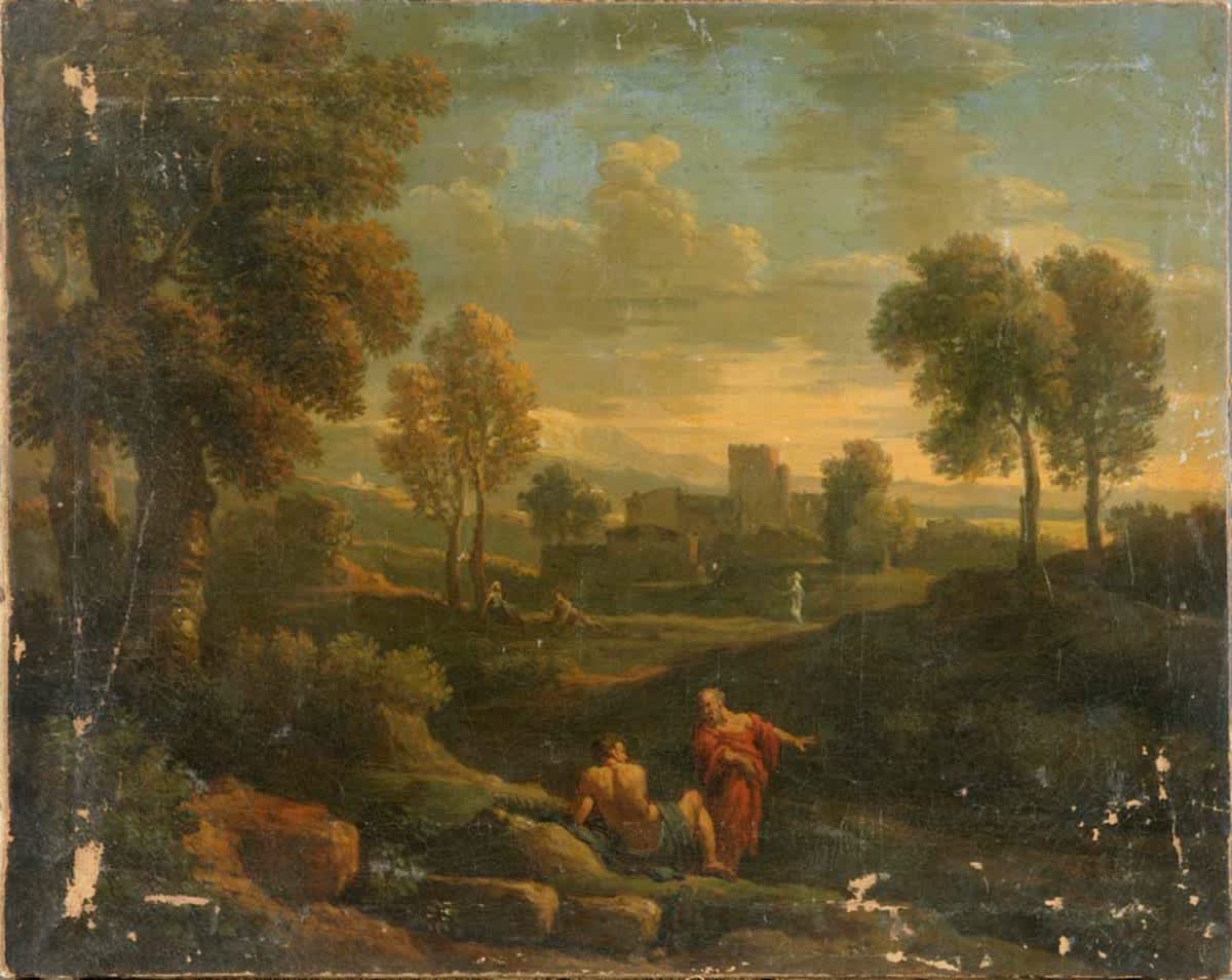 Ideallandschaft mit zwei Männern im Gespräch