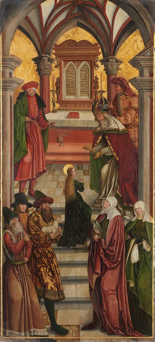 Linker Altarflügel, Innenseite: Tempelgang Mariens
Rückseite: Rosenkranz