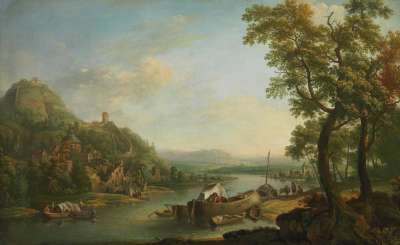 Flusslandschaft mit Stadt und
Wehranlagen
