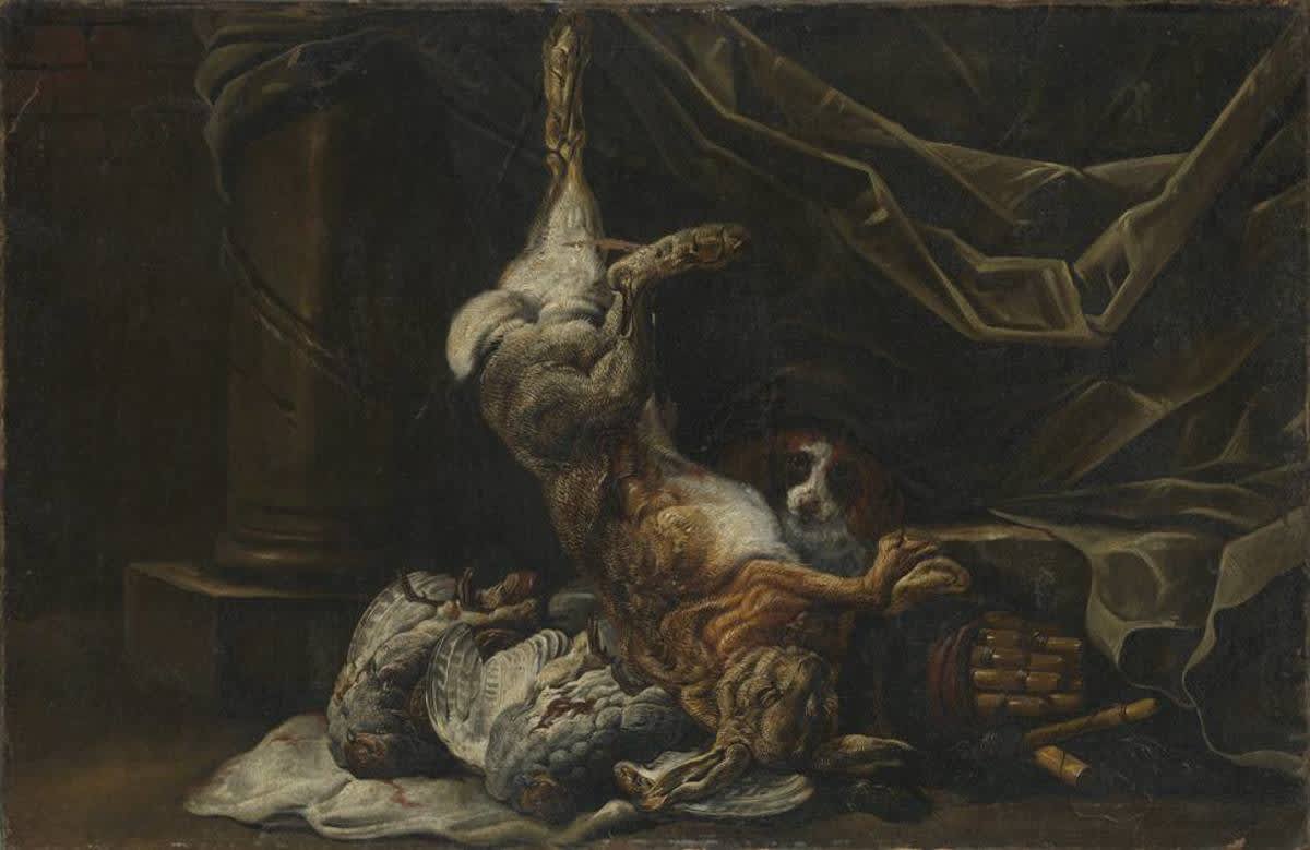 Jagdbeutestillleben mit einem Hasen und zwei Rebhühnern