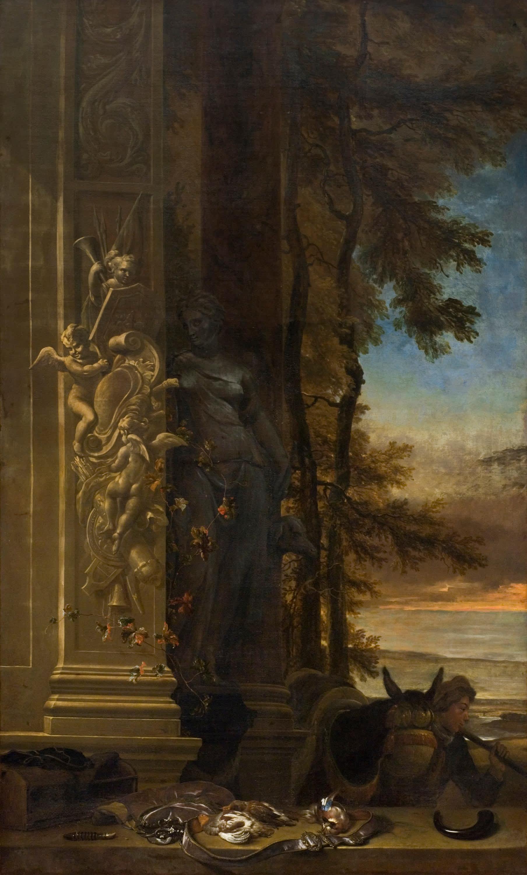 Jagdstillleben vor einer Dianastatue