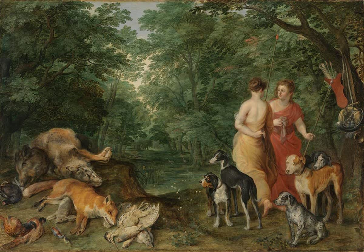 Zwei Nymphen mit Jagdhunden