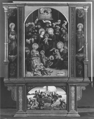 Altar der Hl. Sippe mit den hll. Agatha und Dorothea und dem Martyrium der hl. Ursula
Rückseite: Mannalese