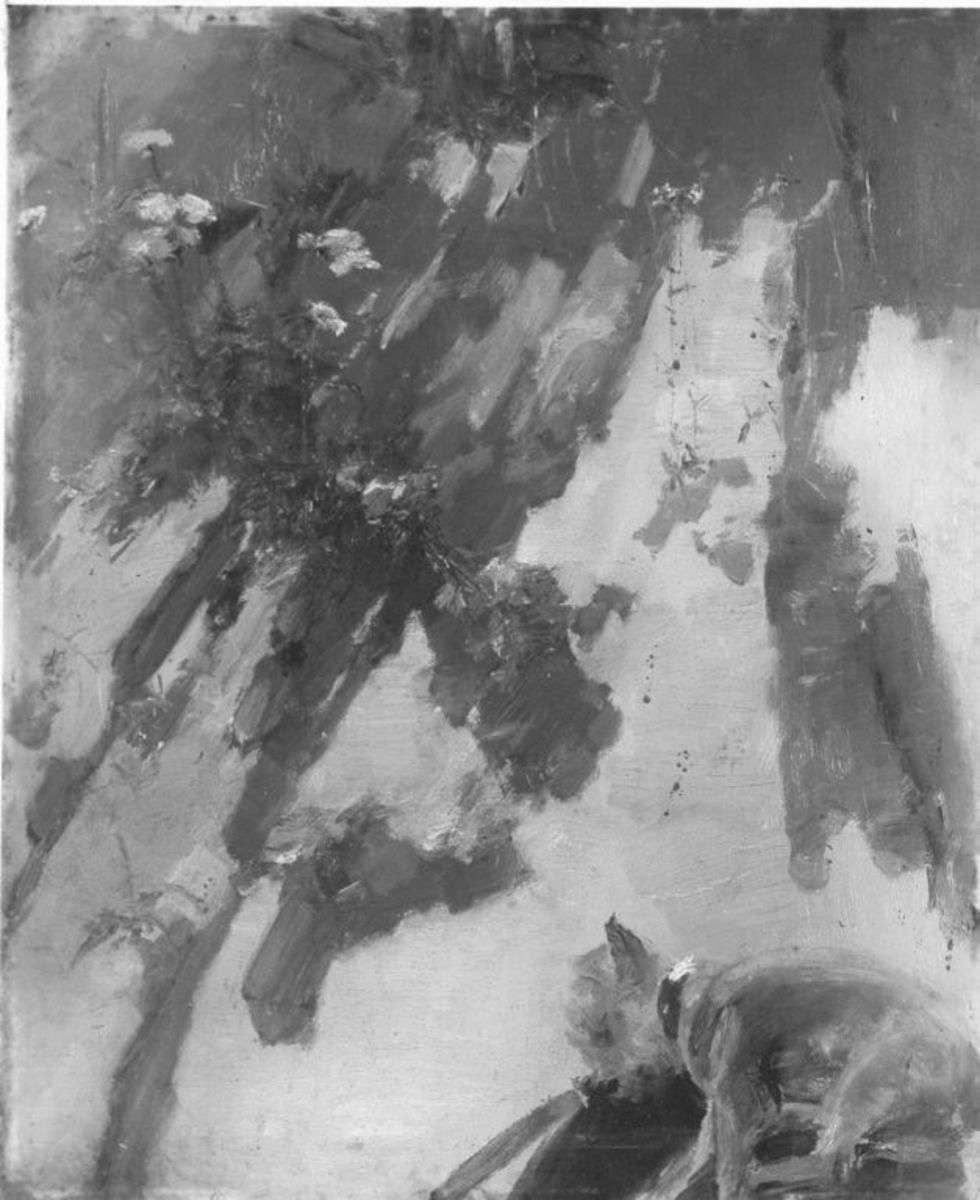 Böschung mit schlafendem Hund (Rückseite: Halbakt eines Knaben)