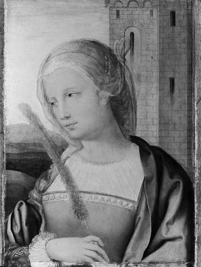 Hl. Barbara
Außenseite: Fragment einer Verkündigung