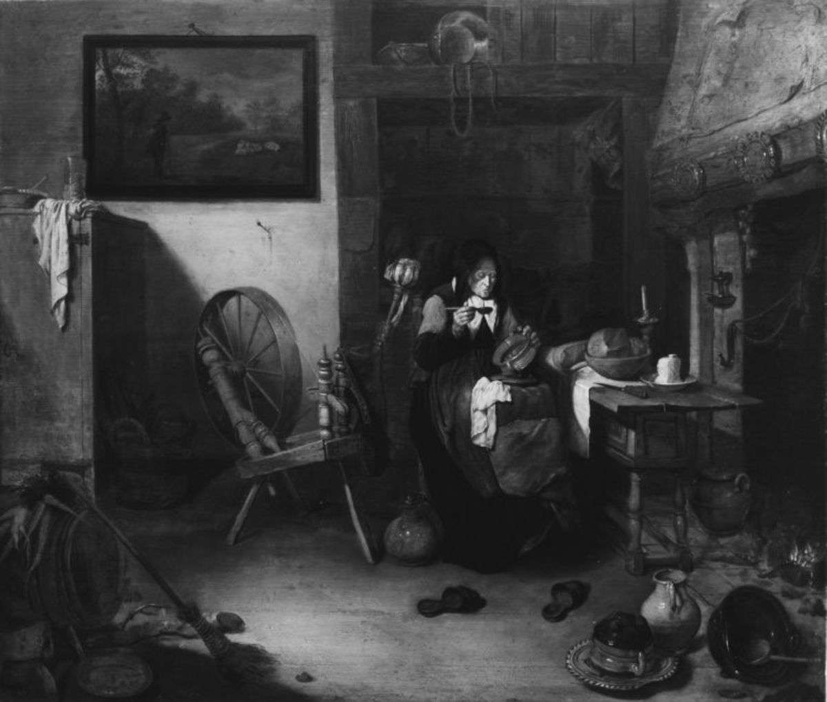 Alte Spinnerin bei der Mahlzeit