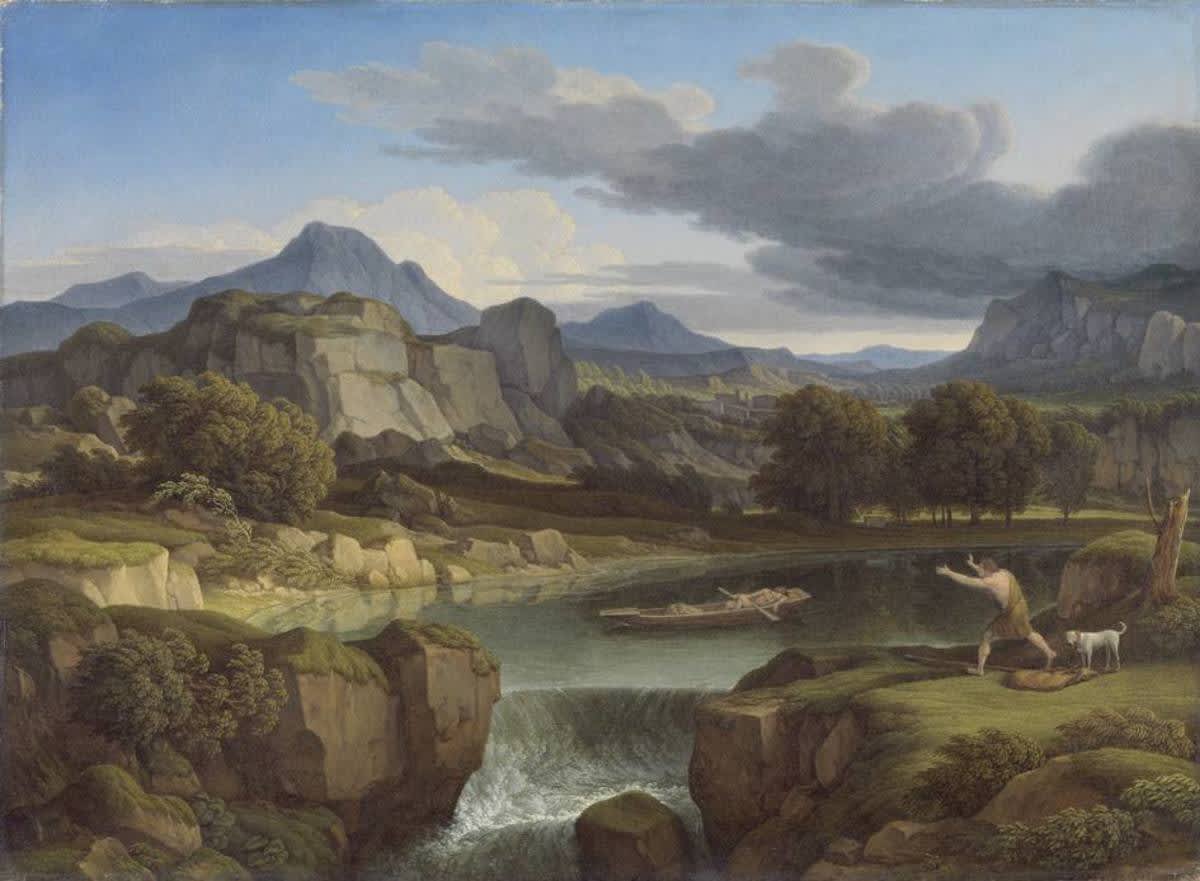 Gewitterlandschaft mit Gebirgssee und Wasserfall