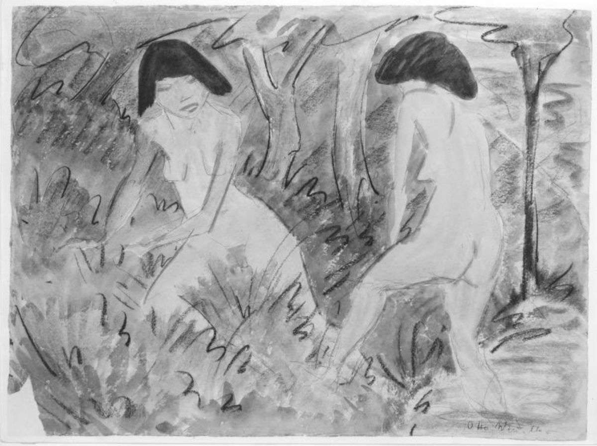 Badende Mädchen unter Bäumen