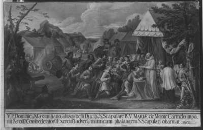 Pater Dominicus hängt Herzog Maximilian das Skapulier vom Carmel um