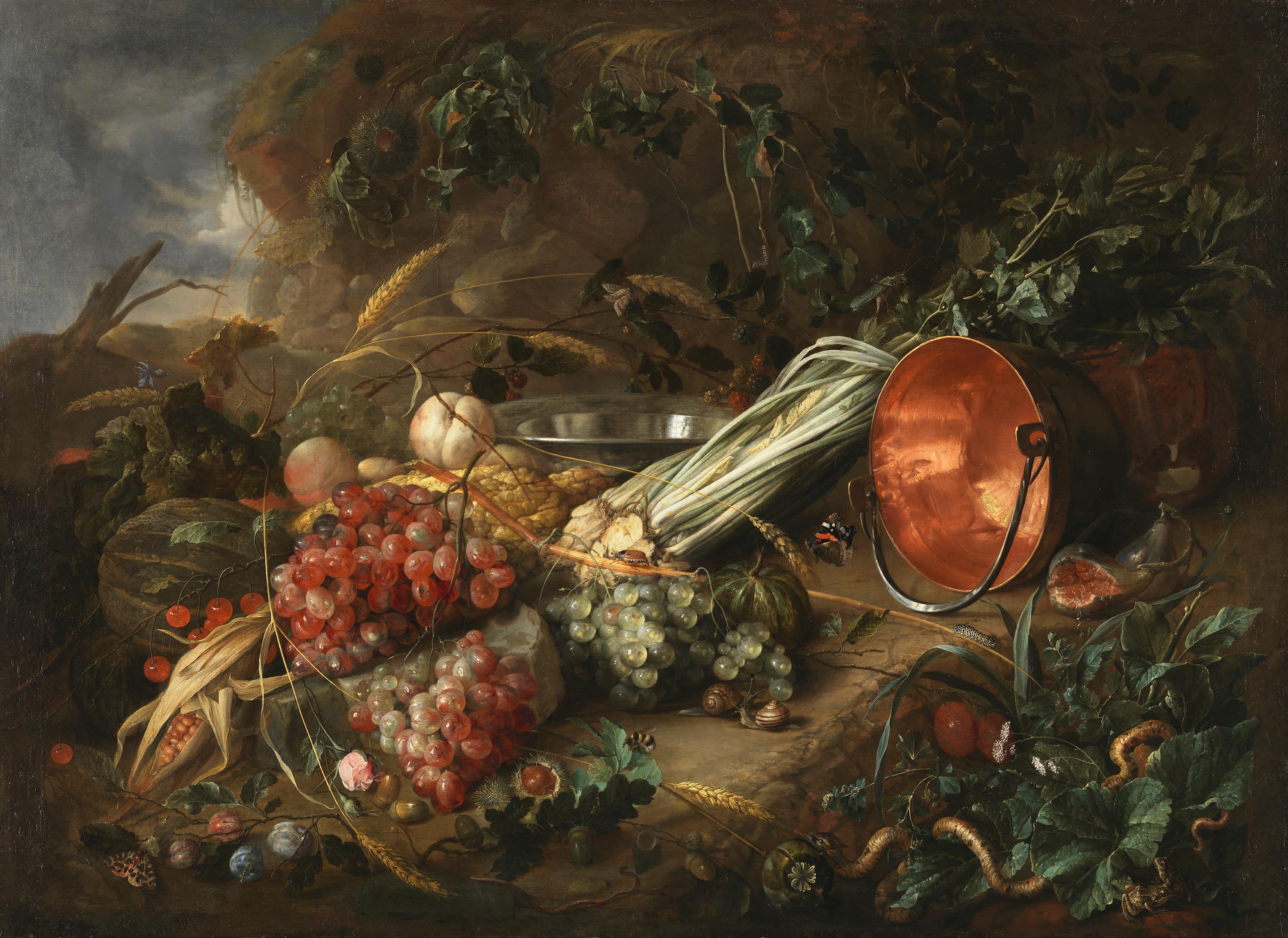 Waldbodenstillleben mit Früchten und Kupferkessel