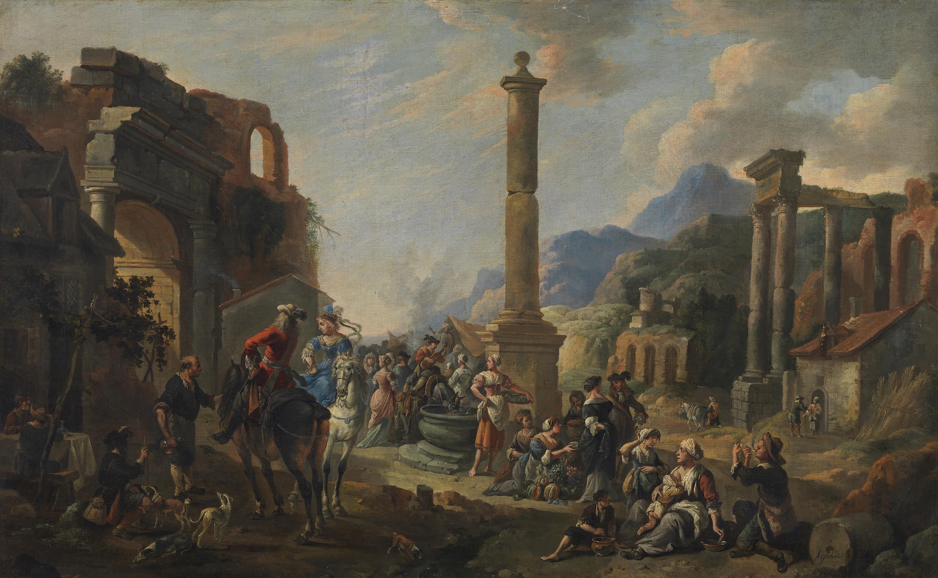 Volkstümliche Szene zwischen antiken Ruinen