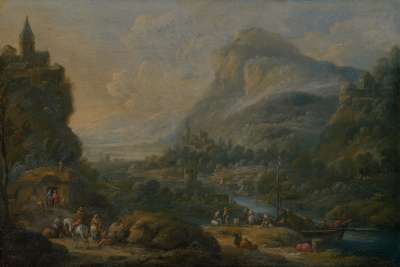 Flusslandschaft mit Ruine und Kirchdorf