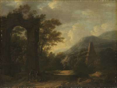 Bergige Landschaft mit Aquädukt, Pyramide und Personenstaffage