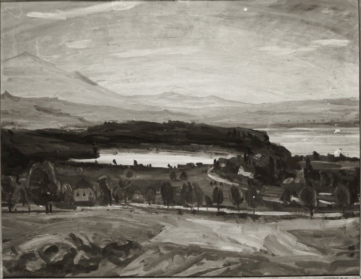 Landschaft mit See, Häusern und Berge