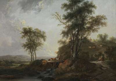 Landschaft mit Holzbrücke und
Wasserfall
