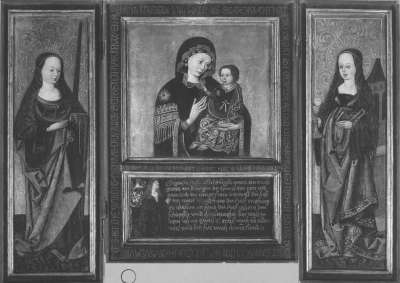 Triptychon mit einem Marienbild im Typus der Madonna del Popolo, einem Stifter, den hll. Katharina und Barbara auf den Flügeln
(Flügelaußenseite: Verkündigung)