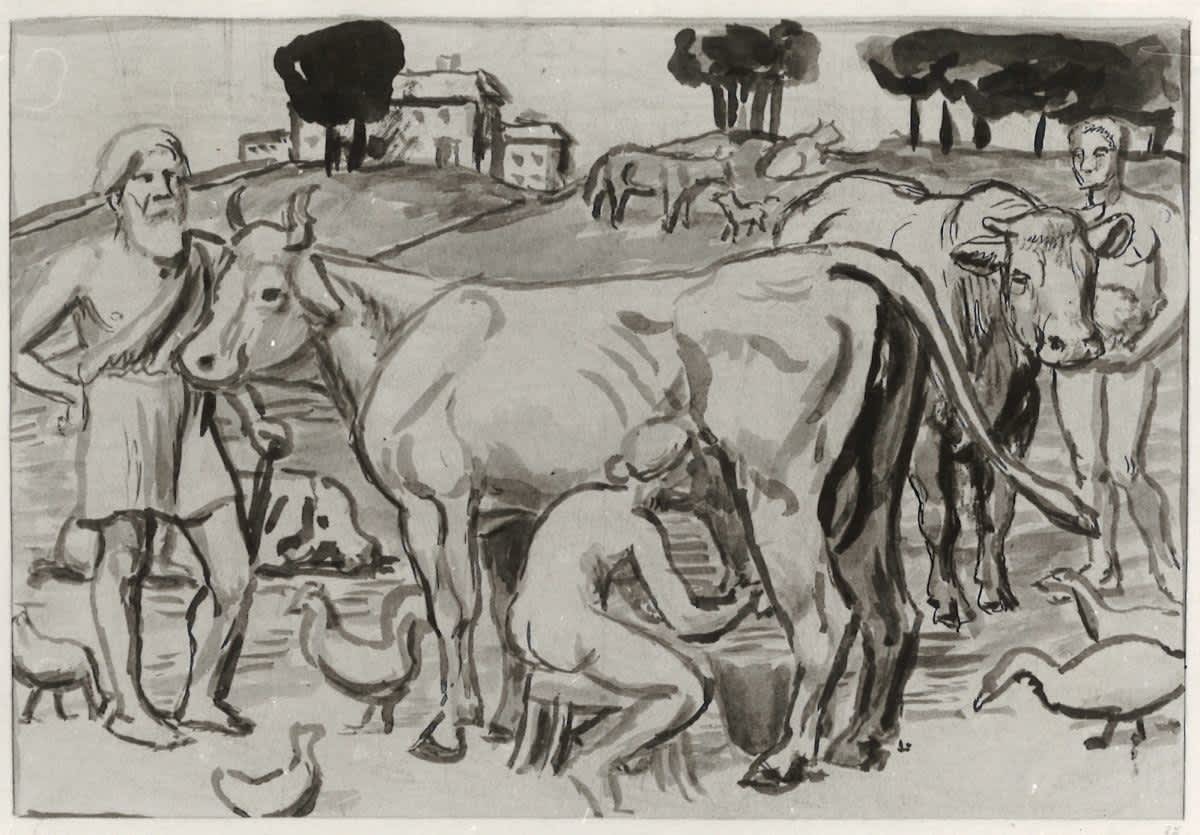 Personen und Vieh in Landschaft