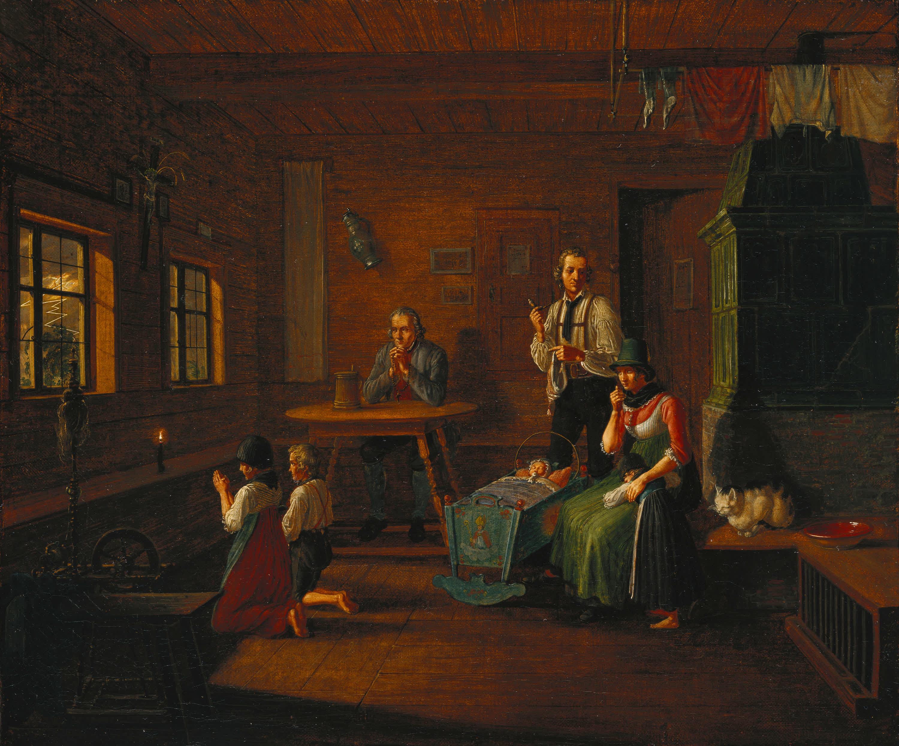 Bauernfamilie in der Stube bei einem Gewitter