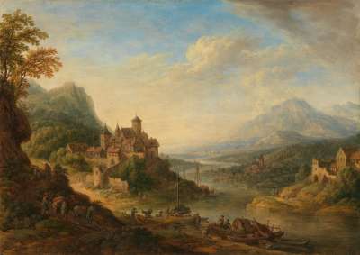 Flusslandschaft mit befestigter Stadt