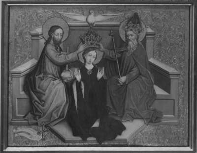 Tafel vom Hochaltar aus St. Mang in Füssen: Krönung Mariae
Rückseite: Christus vor Kaiphas