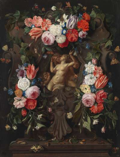 Blumenstück mit Venus, Adonis und Amor