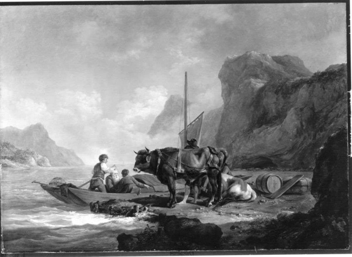 Landleute am Ufer eines Gebirgssees