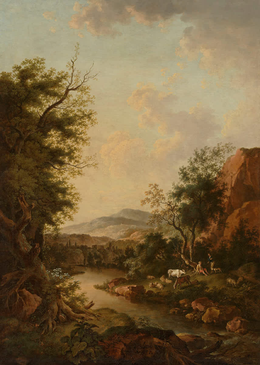 Flusslandschaft mit Hirten und ihrer Herde