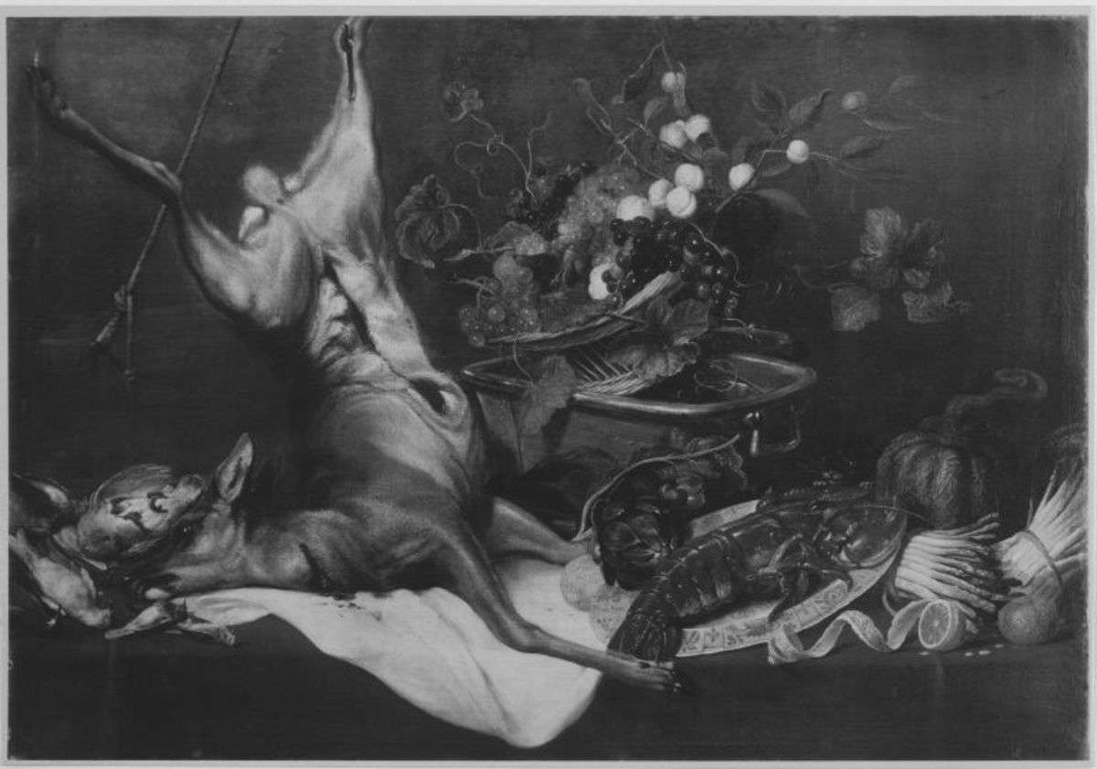 Stillleben mit totem Rehbock, Hummer und Früchten