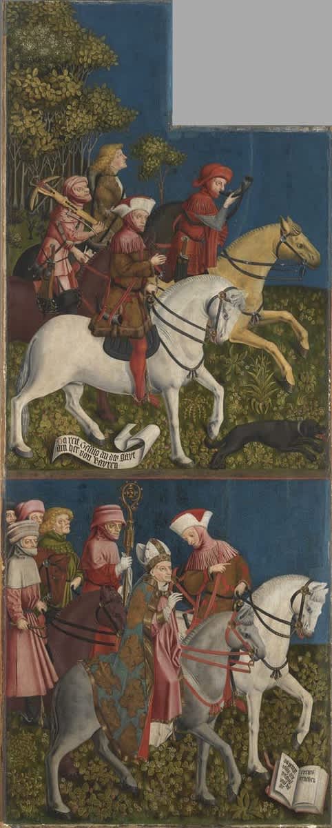 Kreuzaltar, Flügelinnenseite: Herzog Tassilo reitet zur Jagd, Herzog Tassilo führt den Bischof zur Fundstelle des Kreuzes