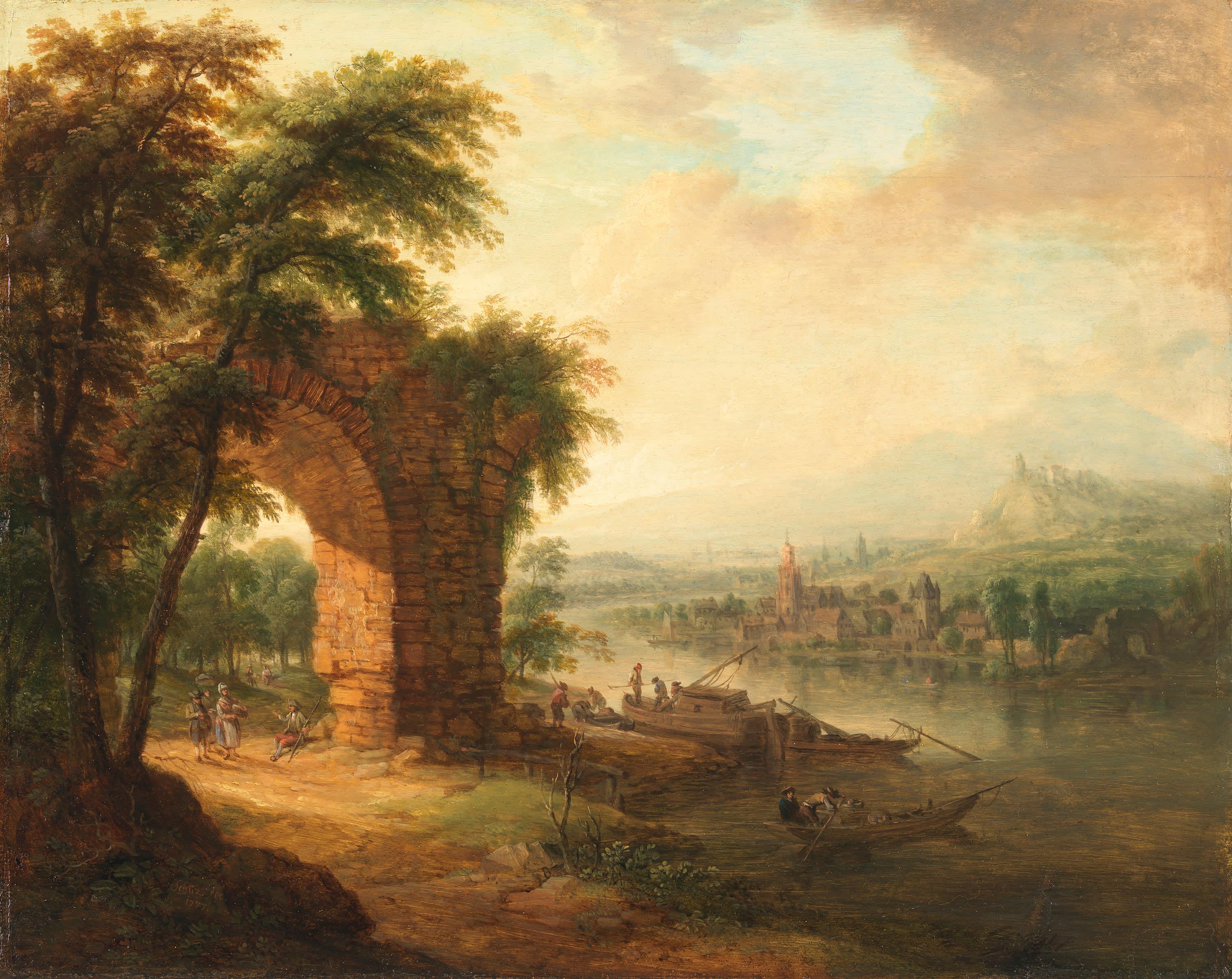 Flusslandschaft mit Ruinenbogen