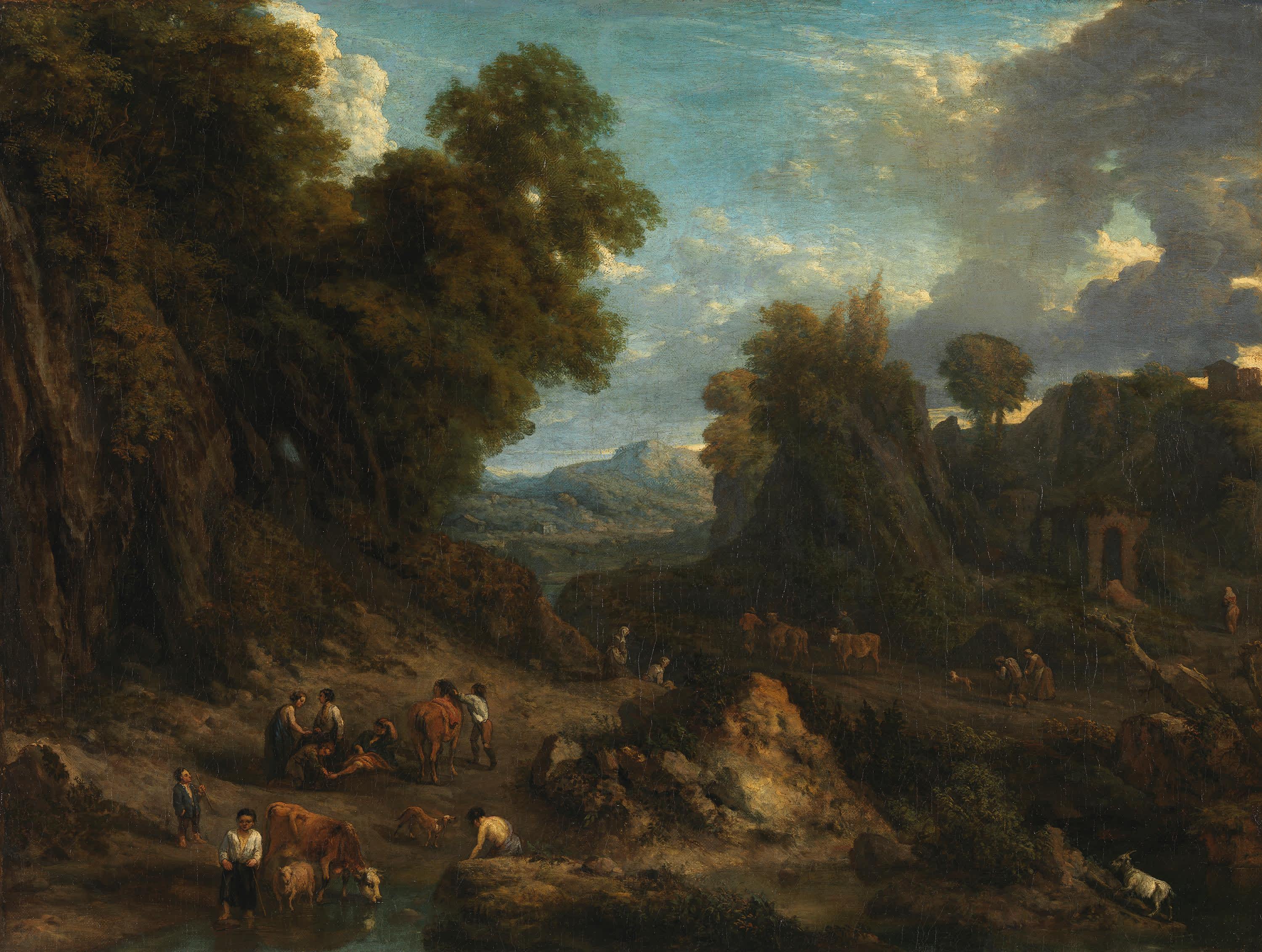 Südliche Landschaft mit Hirten an einer Tränke