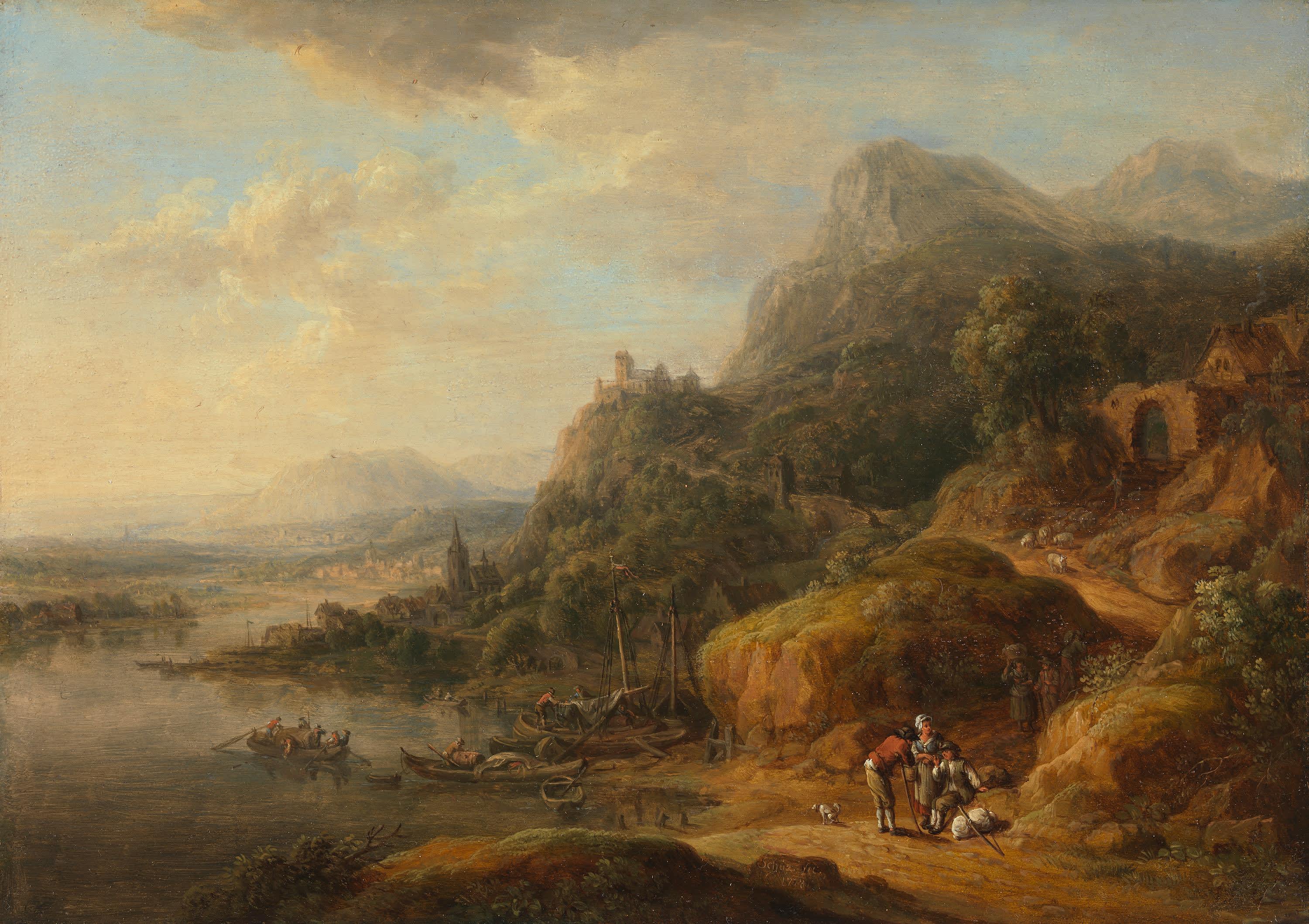 Flusslandschaft mit Hafenstädtchen