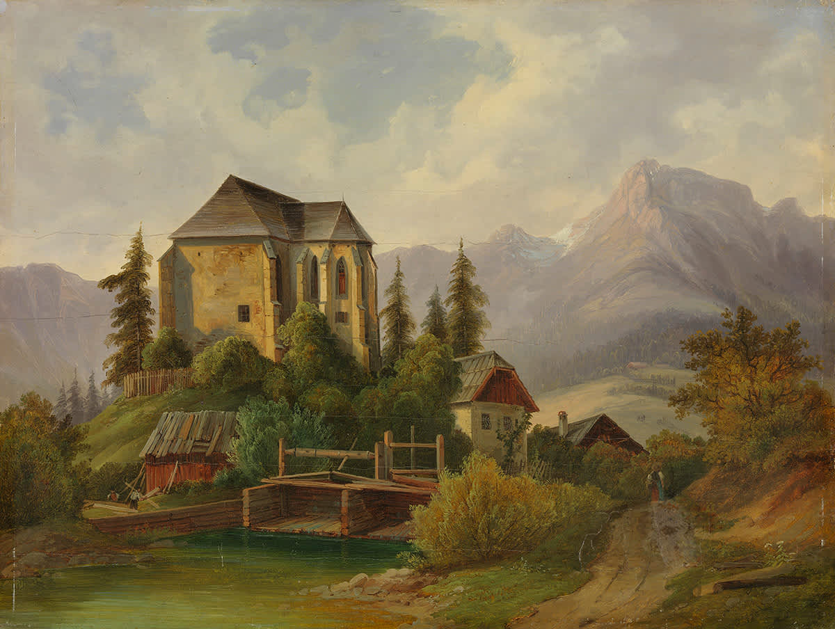 Alpenlandschaft mit gotischer Kapelle