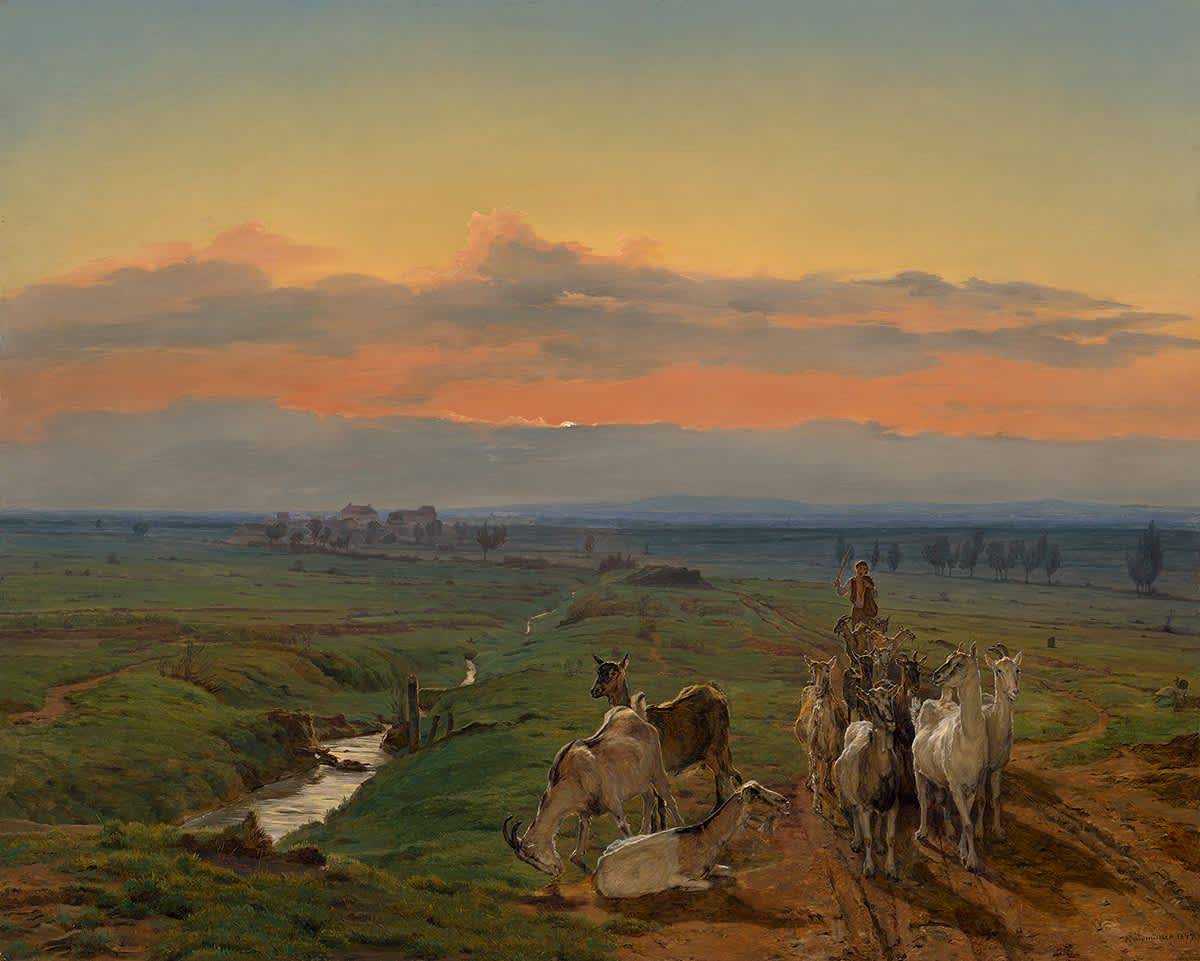 Abendlandschaft mit Ziegenherde