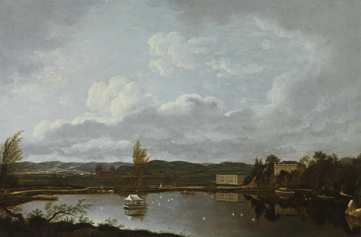 Blick über den Oberen Schönbuschsee nach Osten auf Aschaffenburg, Wirtschaftsgebäude und Schloss Schönbusch (Aschaffenburger Zyklus)