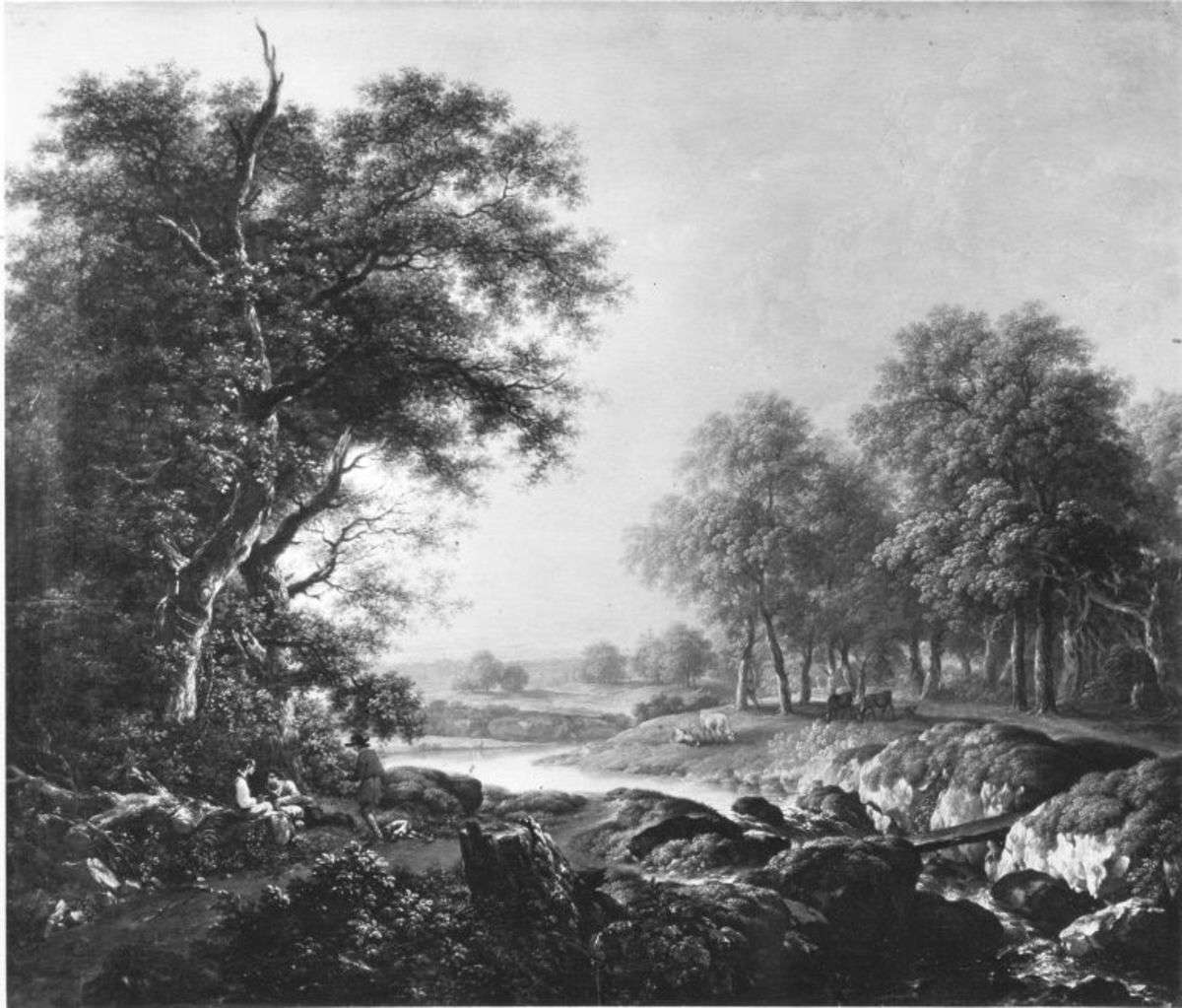 Landschaft mit Hirten und Rindern an einem Fluss