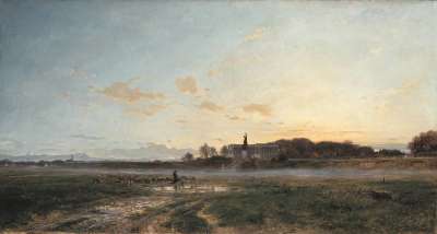 Die Theresienwiese mit der Bavaria bei Abendlicht