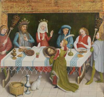 Salome bringt Herodias das Haupt Johannes des Täufers
Rückseite: Predigt Johannes des Täufers und Taufe im Jordan