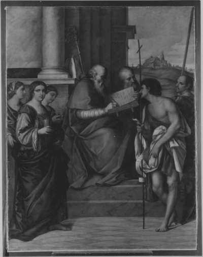 Thronender hl. Johannes Chrysostomus mit Heiligen (nach Sebastiano del Piombo)